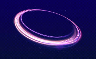 Brilliant galaxy light blue ellipse glowing podium. Space tunnel. Night road speed illustration. Curve blue line light effect neon swirl. 