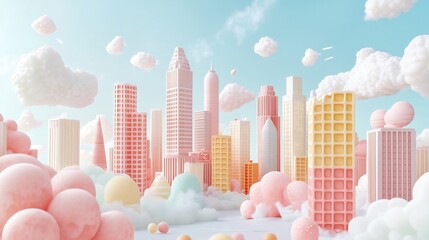 Wall Mural - Candy-Colored Cityscape with Fluffy Clouds