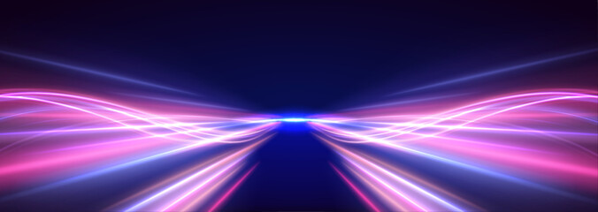 Leinwandbilder - Panoramic high speed technology concept, light abstract background. High-speed light trails effect. Purple glowing wave swirl, impulse cable lines.	