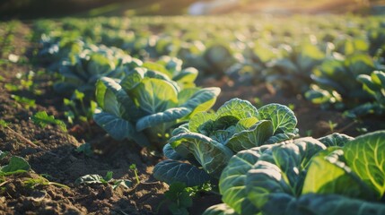 Wall Mural - Sunlit rows of leafy green cabbage plants grow in healthy soil, indicating a thriving vegetable garden or farm.