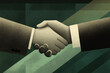 © wernerimages - A digitally created image showcasing a firm business handshake, symbolizing agreement and partnership, set against an abstract background with dark green tones.