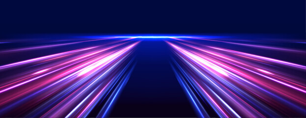 Poster - Ponomatic neon vector illustration in sporty style of futuristic technologies. Bright glowing line of new technologies on dark background in neon colors. 