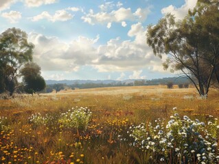 Wall Mural - A vibrant meadow in late summer under a bright, partly cloudy sky.