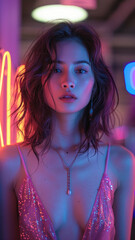 Wall Mural - Young woman with neon lights in the background