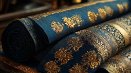 Wall Mural - Closeup of luxurious blue fabric rolls with gold patterns, showcasing intricate designs and rich textures.