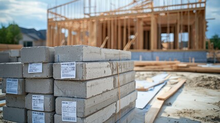 Wall Mural - stack of concrete foundation blocks with price tags attached. partially constructed foundation wall 
