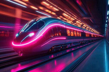 Wall Mural - futuristic subway train speeding through cyberpunkinspired tunnel sleek chrome exterior pulsating ne