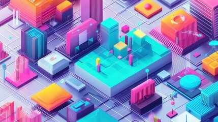 Wall Mural - Futuristic Technical Analysis Concept with Gradient Backgrounds in Isometric View - 3D Rendering of Clean Design with Space and Primary Colors for Inspirational Artistic Inspiration