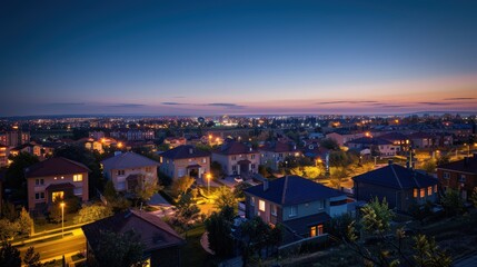 A Cityscape of Homes Illuminated at Twilight