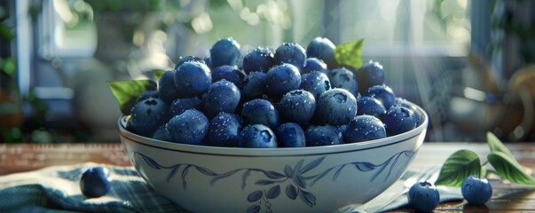 Wall Mural - Freshly picked blueberries in a bowl, 4K hyperrealistic photo