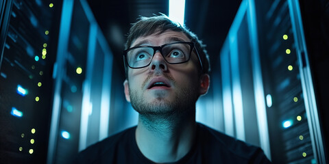 Software developer in glasses makes a mistake in the server room, system administrator reacts in the data center