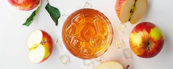 Wall Mural - Glass of freshly squeezed apple juice on white background, 4K hyperrealistic photo