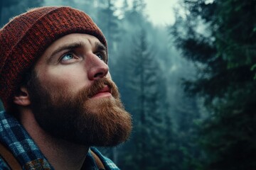 Portrait of a pensive bearded man in nature in the woods