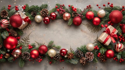 Festive holiday decorations with red and gold ornaments, presents, and pinecones arranged on a textured background