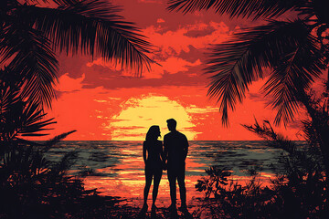 Wall Mural - Silhouettes of man and woman standing and holding hands at evening time ,Couple each other on the colorful sunset beach with palms, banner illustration.