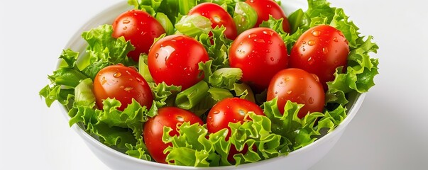 Bowl of fresh salad with tomatoes on white background, 4K hyperrealistic photo