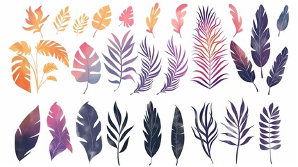 Collection of Colorful Hand-Drawn Tropical Leaves with White Background