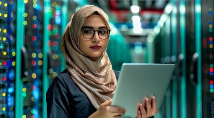 Wall Mural - A woman wearing a hijab and glasses stands in a data center, holding a laptop. She is surrounded by server racks with colorful LED lights.