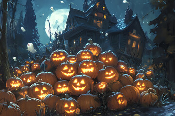 Wall Mural - Halloween background with haunted house, castle, cemetery, graveyard, scary, spooky, horror scene