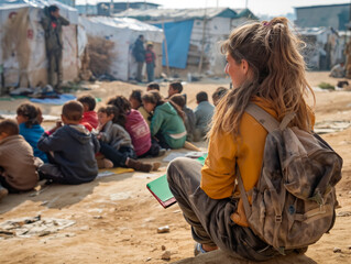 Canvas Print - A woman sits with a group of children in a dirt field. She is reading a book to them