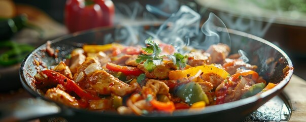 Wall Mural - Flavorful chicken fajitas with peppers, 4K hyperrealistic photo