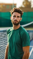 Sticker - A man with a beard and a green shirt is standing on a tennis court