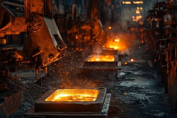 Molten metal pouring in a heavy industrial foundry during evening shift