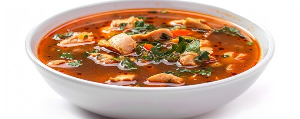 Wall Mural - Bowl of hot chicken soup on white background, 4K hyperrealistic photo