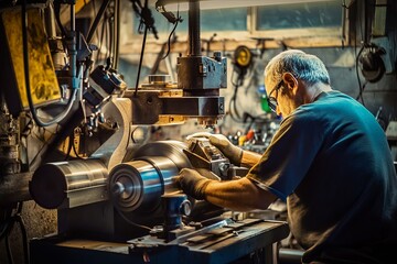 Craftsman working on a lathe in a well-equipped workshop during the evening