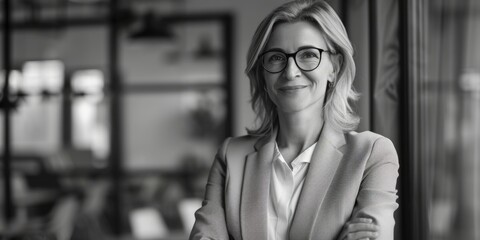 Wall Mural - A woman wearing glasses stands in front of a window, possibly indoors