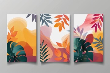 Canvas Print - A set of three vibrant posters featuring colorful leaves, great for decoration or illustration