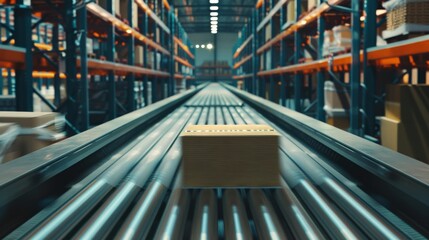 Wall Mural - A warehouse scene featuring conveyor belts moving a small package through an aisle of shelves filled with boxes, lit by a dim industrial light.