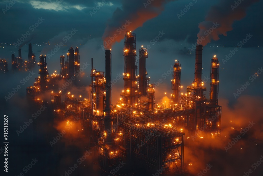 industrial complex at night illuminated pipelines steam rising ...