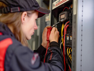 A woman is working on a power box. She is wearing a black hat and a red jacket