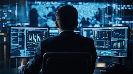 Man Working on Multiple Monitors with Data and Charts