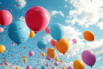 joyful explosion of colorful balloons and confetti against a gradient sky background festive and uplifting celebration scene