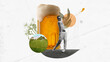 © Lustre Art Group  - Poster. Contemporary art collage. Golfer swings confidently in front of frothy beer glass, merging elegance of game with joy of cold brew. Concept of celebration and sport events, competition, victory