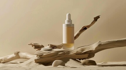 luxury skincare/cosmetics bottle on natural sand and wood background premium skincare bottle display