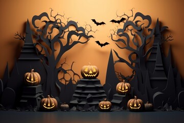 Poster - Halloween withpodium backdrop anthropomorphic jack-o'-lantern representation.