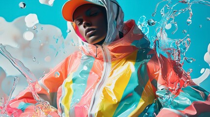 Poster - A woman in a colorful jacket is standing in a spray of water