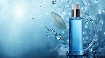 Wall Mural - A clear blue spray bottle surrounded by water droplets and leaves on a blue background