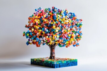 A colorful tree made of blocks is displayed on a white background