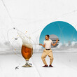 © Lustre Art Group  - Poster. Contemporary art collage. Man, fencer in retro attire energetically next to foaming glass of beer with foamy splash. Concept of celebration and sport events, competition, party and victory. Ad
