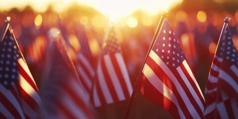 Poster - American Flags at Sunset