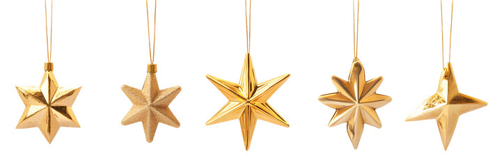 a set of hanging golden star ornaments, on white background