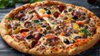 © Рудой Максим - A deliciously topped pizza with various meats and vegetables displayed on a wooden table