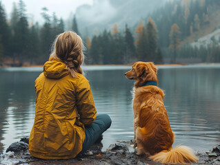 Rear view of woman sitting with dog by lake at forest