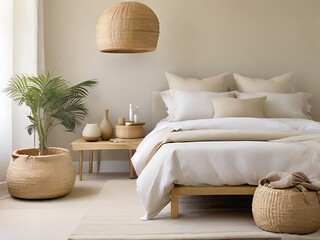 A simple, uncluttered bedroom with a neutral color palette, clean lines, and a few natural elements like a woven basket or wooden stool.