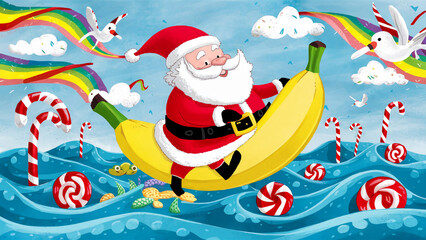 Wall Mural - Santa Claus rides a banana boat on the sea