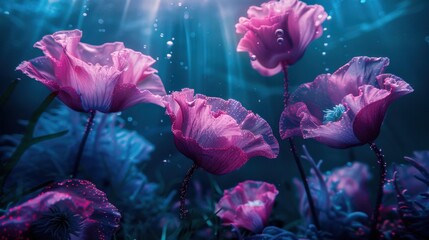 Surreal underwater scene featuring pink flowers illuminated by soft light in an ethereal atmosphere, creating a dreamy and magical environment.